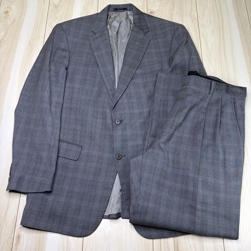 Hart Schaffner Marx GOLD Loro Piana Plaid Windowpane Wool Suit Mens 42R 38x30